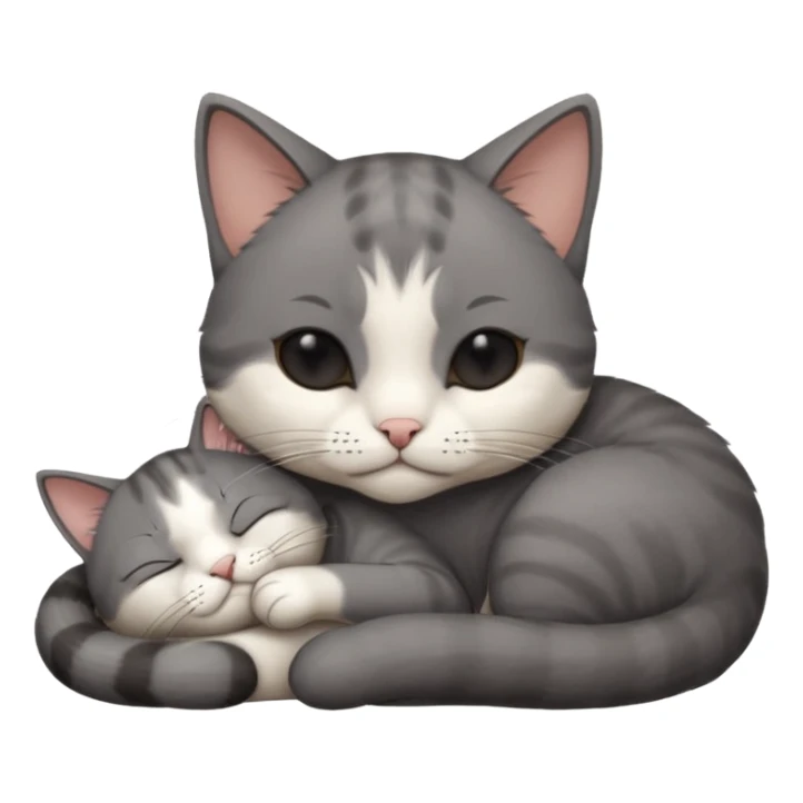 dark grey and white small cat with his eyes closed, leaning his head on his paw while leaning on his elbow lying down sticker