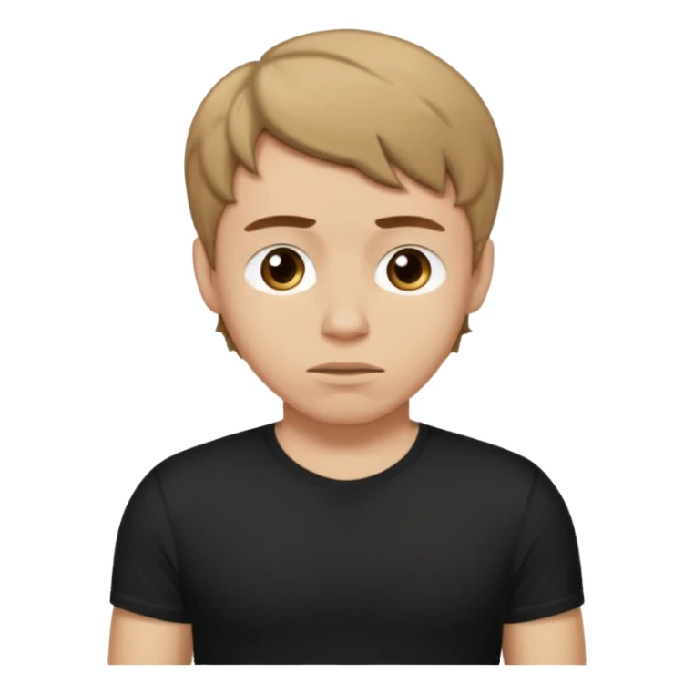 A Man with a sorry expression. He has short wavy light-brown hair and wearing a black t-shirt, and a visible bulge on the groin area molding his testicles. sticker