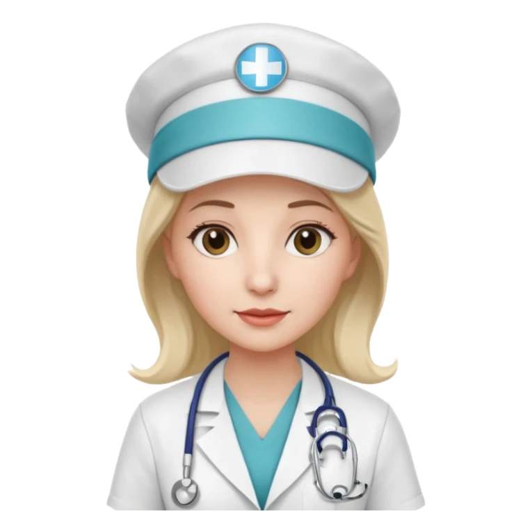 female doctor with white uniform and white hat with hospital logo on hat sticker