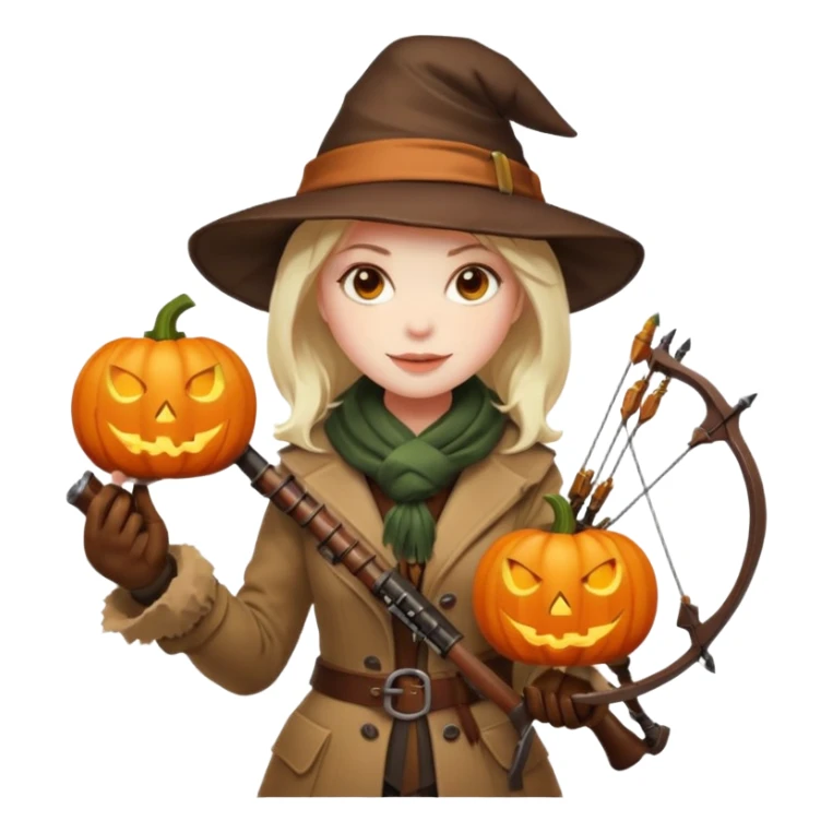 female human monster hunter emoji, wearing brown coat and hat, holding crossbow, soft smile, scarf, glowing pumpkin by her side, Halloween fantasy style, clean vector Apple emoji look, bright colors, white background, square sticker