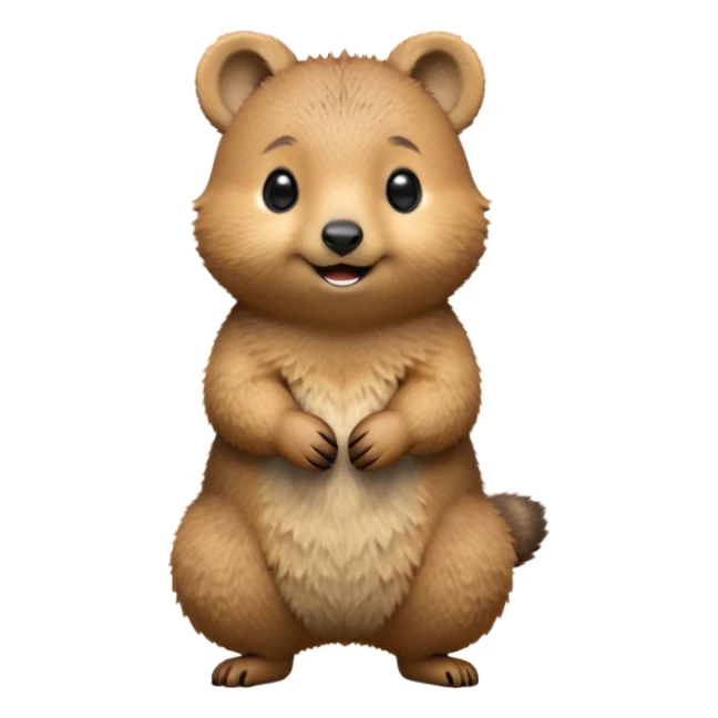 cinematic-quokka-realistic-full-body-standing-emoji,-small-round-frame-balanced-on-tiny-strong-hind-legs,-fluffy-brown-fur-radiating-a-warm-softness,-big-round-eyes-filled-with-joy-and-innocence,-tiny-clawed-paws-held-close-to-chest,-cheerful-smile-exuding-endearing-happiness,-simplified-yet-realistic-focused-features,-highly-detailed,-glowing-with-a-sunny-warmth sticker