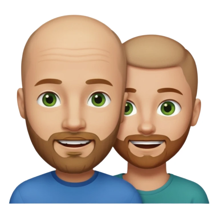 Shaved head man with dark blonde beard and blue eyes with mouth closed smile with brown haired woman with green eyes sticker
