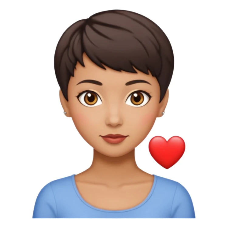 woman pixie cut dark brown hair, tan skin, brown oval eyes, heart shaped face sticker