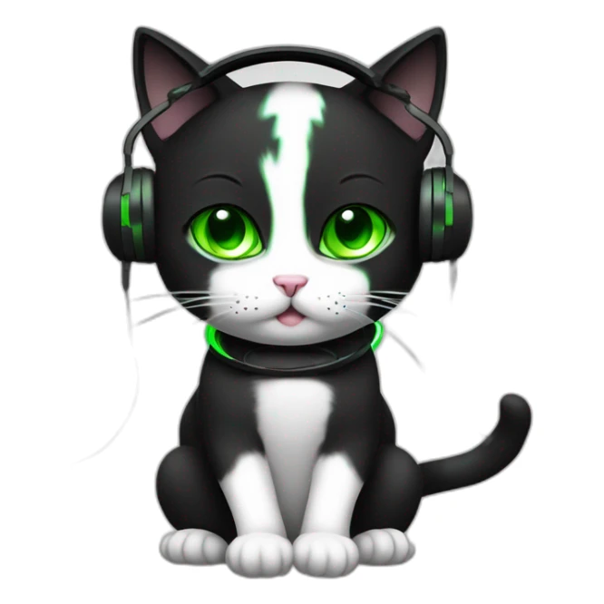 gamer black and white cat, green eye playing with headphones sticker