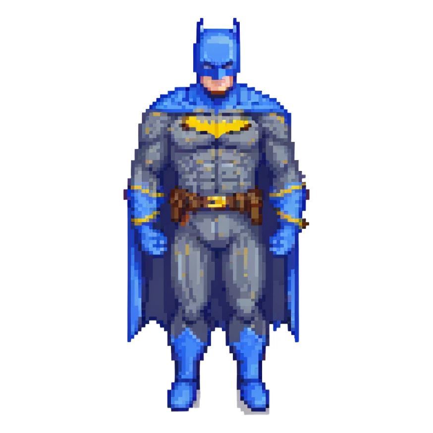 Pixel art Batman, dynamic pose, blue and gray suit, yellow belt sticker