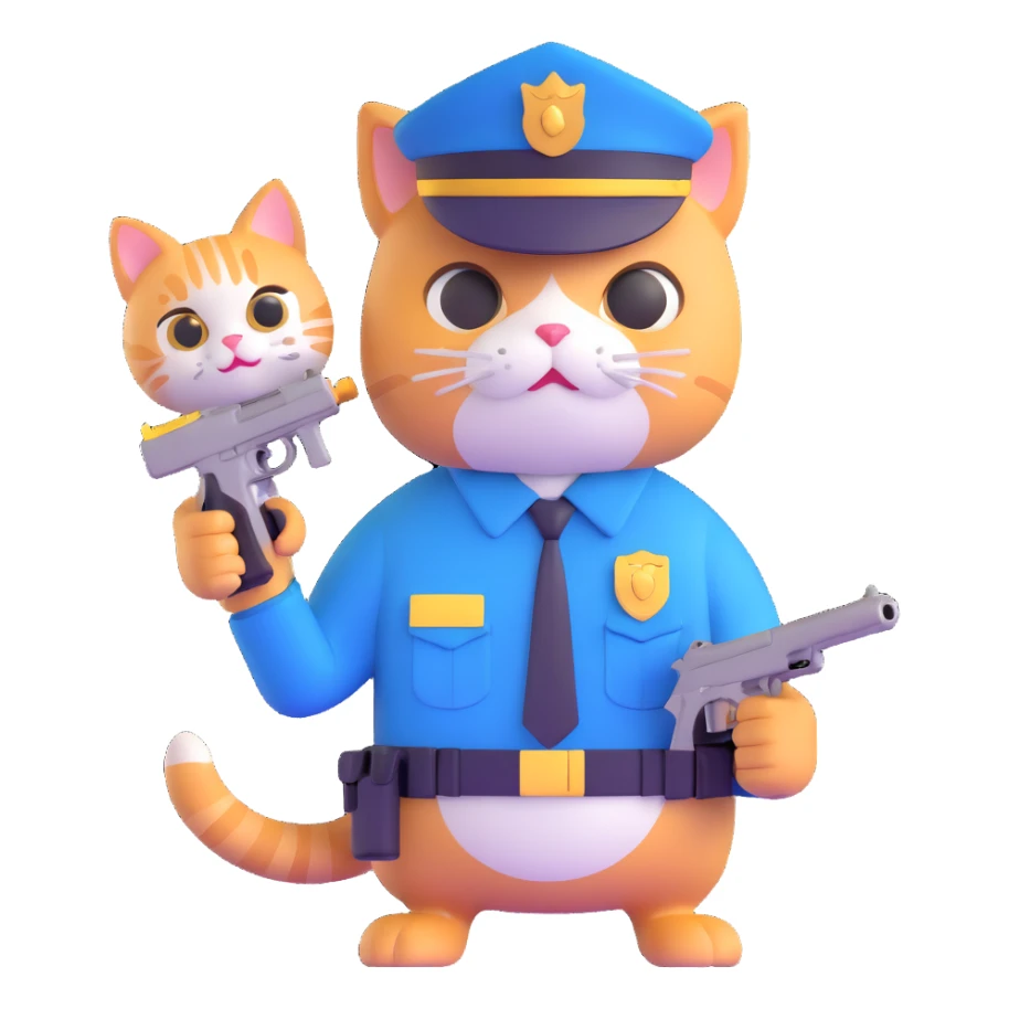 a police officer and a cat, the cat holding a small gun, both looking surprised sticker