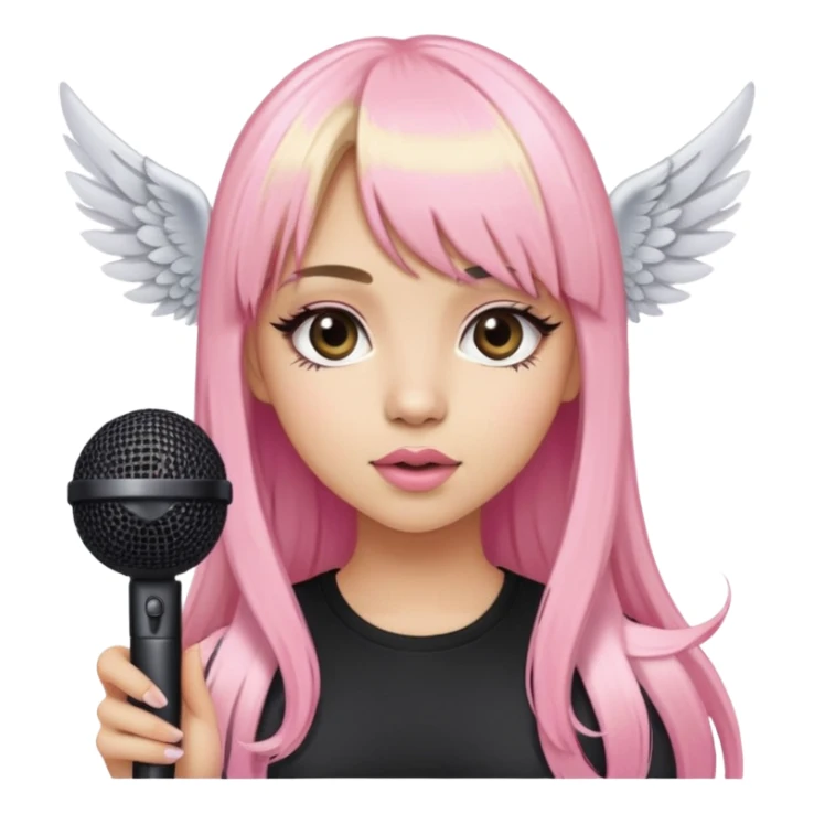 Light skin girl with winged eyeliner and long half pink half blonde with bangs and a microphone sticker