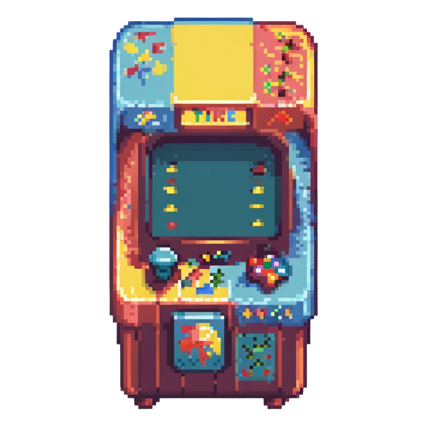 retro arcade machine, vibrant colors, pixel art style sticker