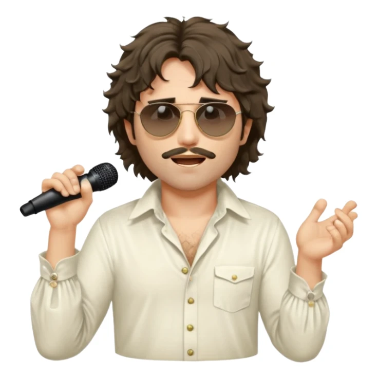 cinematic realistic - messy, shaggy with big sideburns Jim Morrison in an ivory Victorian shirt, singing in a trance on stage, wearing Ray Ban sunglasses sticker
