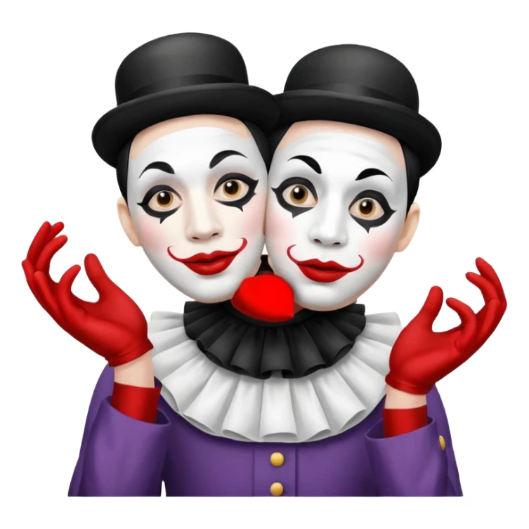 a mime holding two masks, expressive, white face paint, classic mime outfit sticker