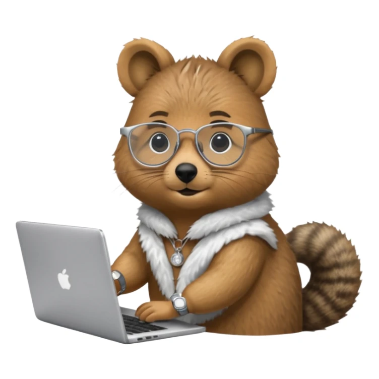 Quokka with silver-rimmed glasses working on a laptop sticker
