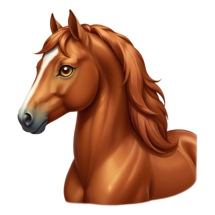 Cinematic Elegant Chestnut Horse Portrait Emoji, Head held high with a serene, graceful gaze, showcasing a magnificent chestnut fur with a radiant shimmer, flowing mane and tail, and luminous amber eyes that exude beauty and grace, Simplified yet majestically refined features, highly detailed, glowing with a soft, ethereal light, high shine, poised and breathtaking, stylized with an air of pure elegance, capturing the essence of a stunning and graceful steed, so beautiful it feels like it could gallop out of the screen with effortless charm! sticker