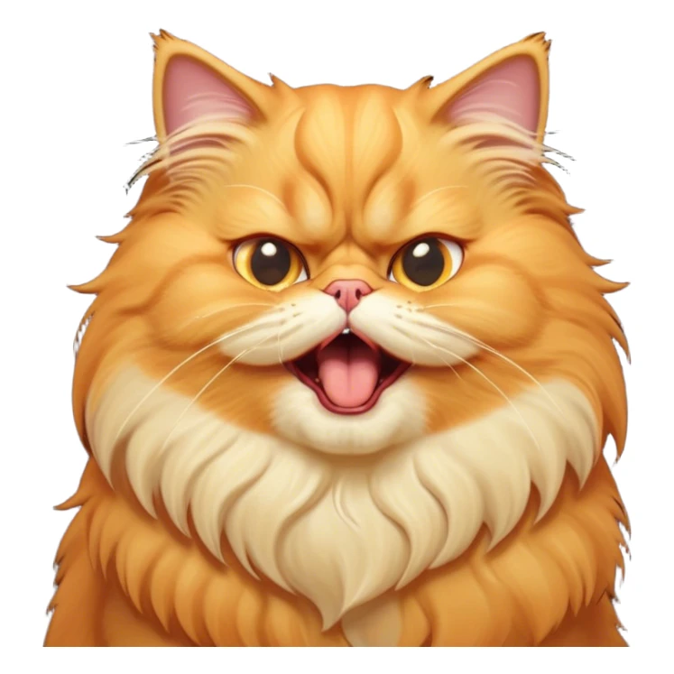 Cinematic Derpy Grumpy Comical Orange Persian Cat Portrait Emoji, Head tilted playfully with an adorably awkward yawning expression, fluffy orange fur with soft cream and golden undertones, Simplified yet hilariously derpy features, highly detailed, glowing with a warm but slightly confused glow, high shine, a mix of lazy and clueless, stylized with a touch of whimsy, bright but with a completely derpy and grumpy face, soft glowing outline, capturing the essence of a quirky yet chubby, grumpy kitty, so endearing it feels like it could stretch out of the screen and demand attention with its wonderfully derpy charm while yawning! sticker