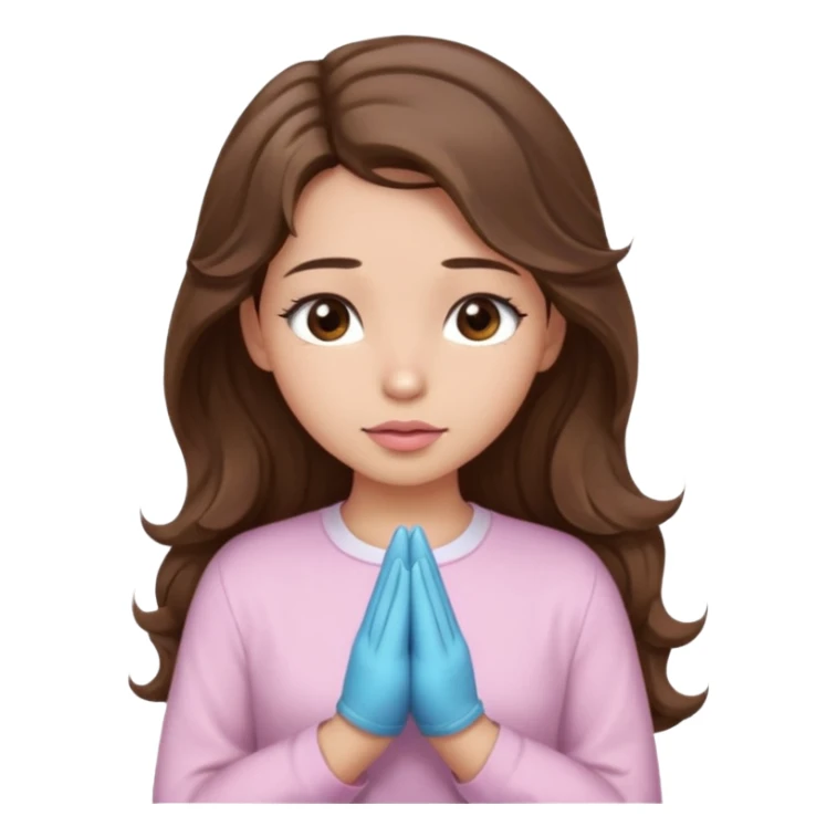 girl with wavy long brown hair, brown eyes, light to medium complexion, long lashes, light pink lipstick, praying, wearing light pink shirt sticker