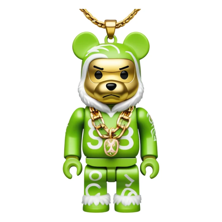 classic bearbrick figure with lime green mask covered in chaotic brand logos, wearing several large gold chains, gold pendant, rapper style accessories, expressive eyebrows sticker