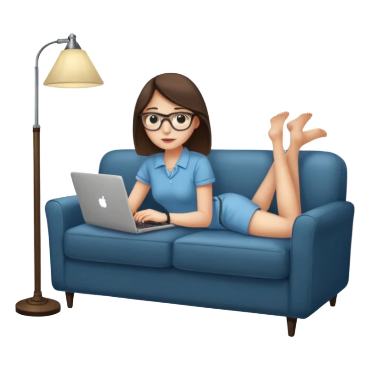 A girl is working with a laptop while lying on a sofa, with a floor lamp to the right. sticker