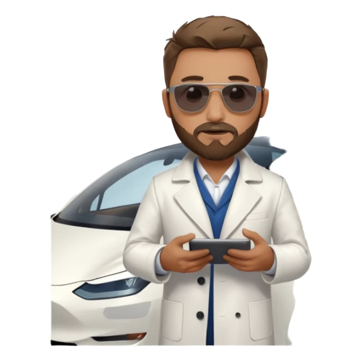 White tesla model 3 with one cool physician with dark blond hair, beard and dark sunglasses next to it sticker