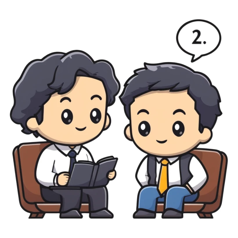 Management educator with black wavy hair, stubble, strong features, white skin, smart casual attire, sitting with a young professional, providing career guidance and mentorship, thoughtful listening expression sticker