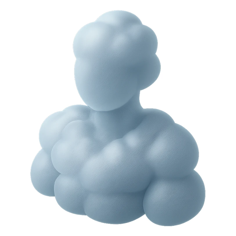 a human figure, upper body only, composed of puffy, three-dimensional white clouds, looking straight ahead, in matte glass style sticker