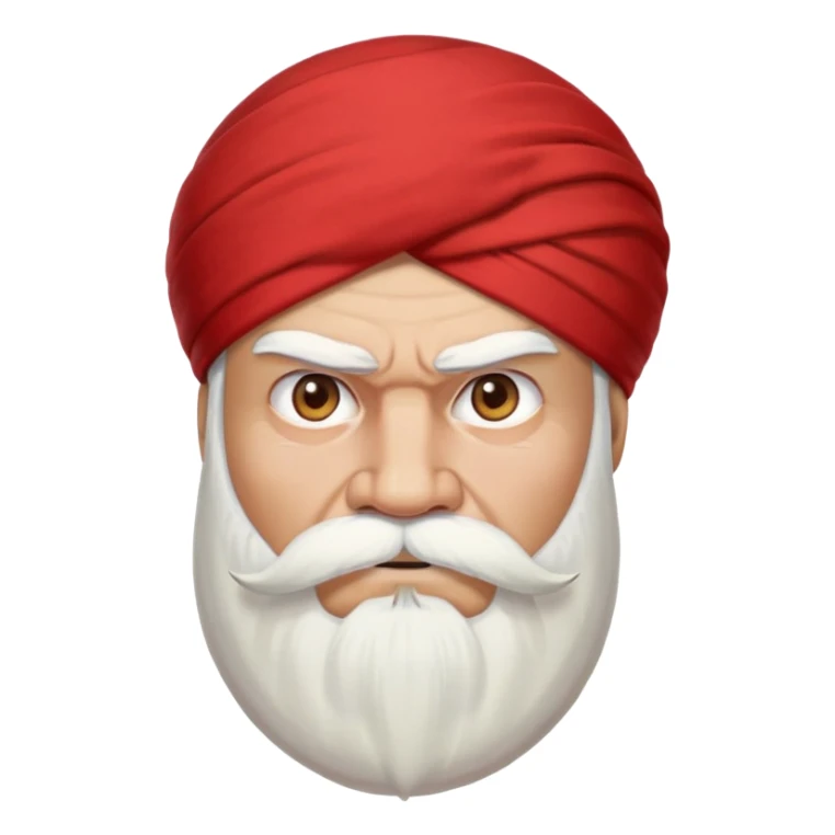 a man with a large white beard and moustache. He has a red turban and an angry expression sticker