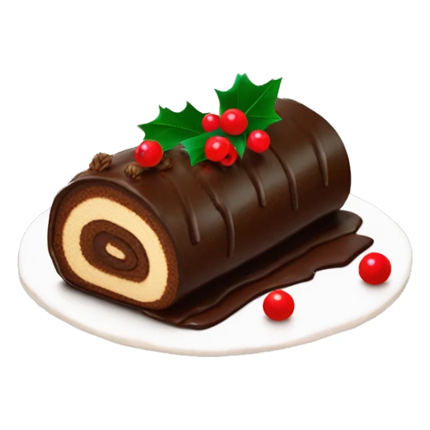 Classic yule log cake with chocolate frosting, decorated with red berries and holly leaves sticker