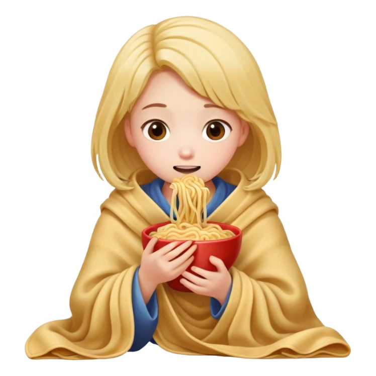 A girl eating noodles cuddled up in a blanket sticker