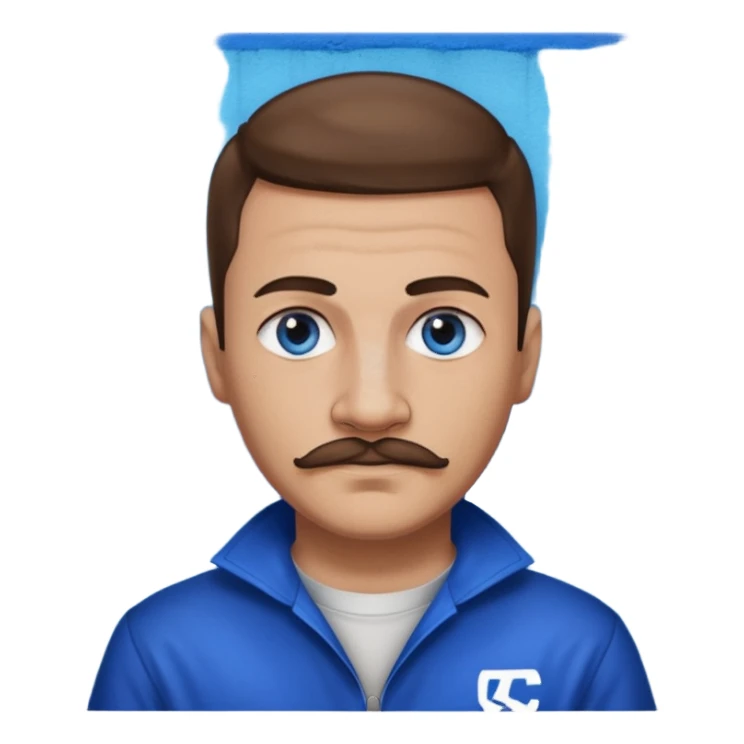 Graffiti from Lockdown with light skin, blue eyes, brown hair and thin mustache , cobalt blue inmate outfit  sticker