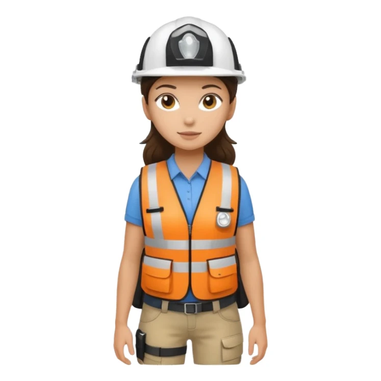 Brunette brown Girl full body standing with her white security helmet and security vest on, also with her black backpack sticker