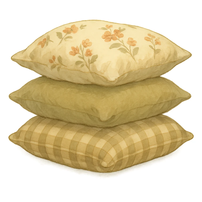 realistic stack of three pillows, floral, plain and gingham pillowcases, natural colors, soft, fairy-like atmosphere, no background, square size sticker