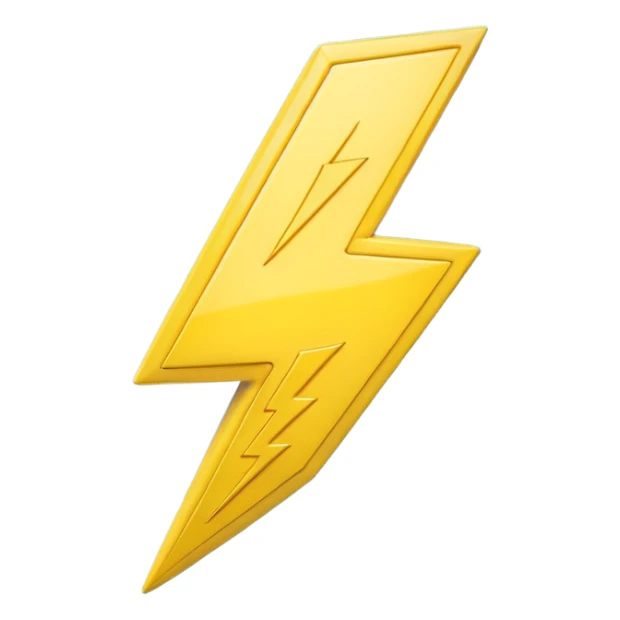 A cute 3D render icon of a lightning bolt shape. Rounded edges, plump and glossy yellow plastic material. Soft studio lighting, cheerful style. Isolated on a clean light blue gradient background. High quality, minimalist design isolated on a solid black background. sticker