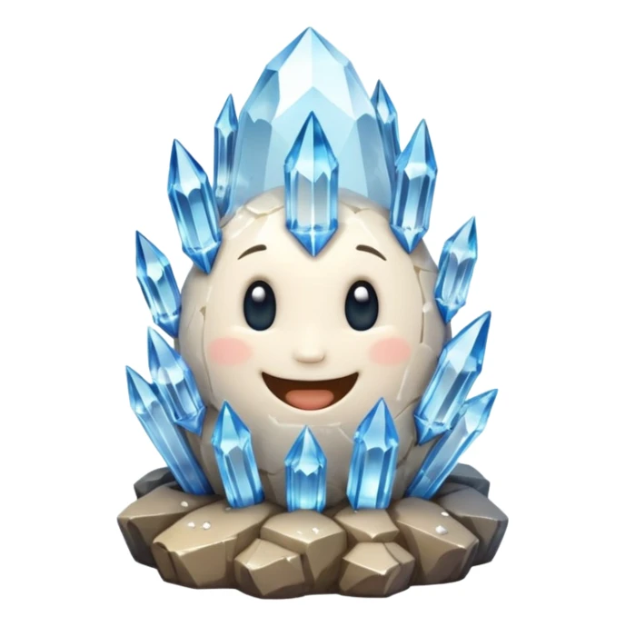 A single cute crystal rock character inspired by a clear quartz cluster, chunky round base with many tall transparent crystal spikes growing upward all around it with a face sticker