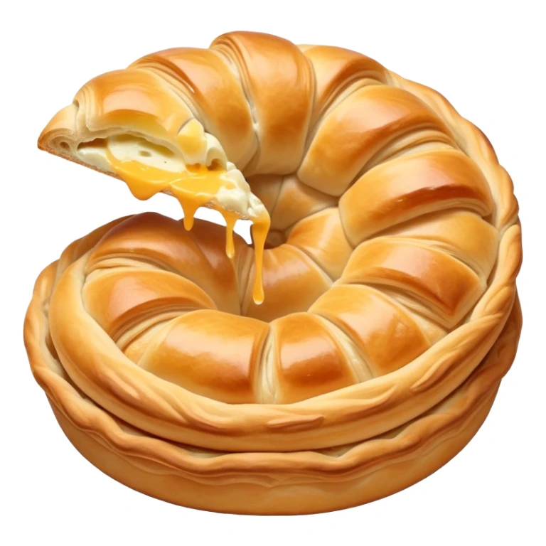 cinematic-realistic-flat burek-sa-sirom-dish-emoji,-showcasing-a-flaky-pastry-filled-with-cheese-rendered-with-crisp-textures-and-appetizing,-warm-lighting. round spiral sticker