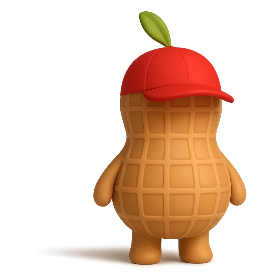 Add a cute red hat to the 3D cartoon-style peanut character with tiny arms and legs, keep it with no facial expression, maintain transparent background. The style is 3D cartoon-style with a transparent background. sticker