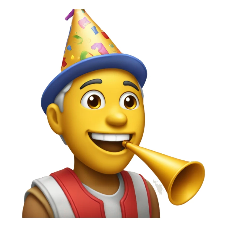 Create an yellow emoji featuring a person joyfully wearing a birthday hat and enthusiastically blowing a birthday whistle, capturing the festive spirit of celebration sticker