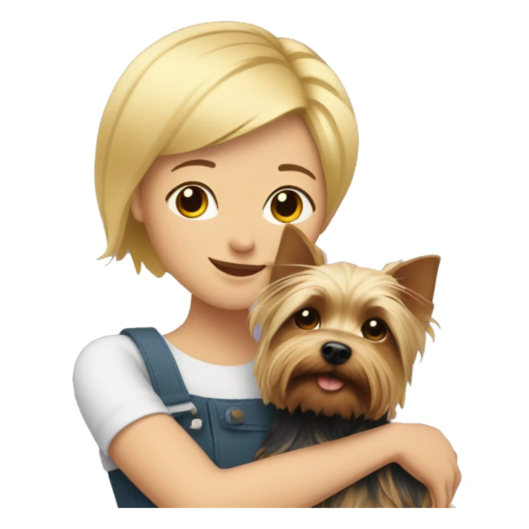 Blonde with short hair hugs a Yorkshire terrier sticker