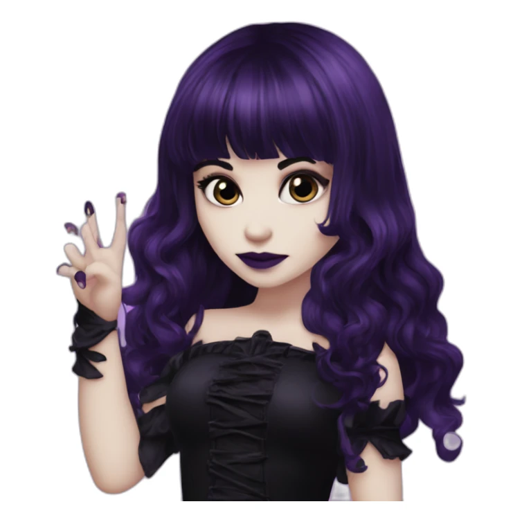 Elissabat -with bangs -long-hair-dark-plumpurple-and-black-vampire-goth-makeup-pinkeyes-romanticgothcloses-do a midele finger sticker