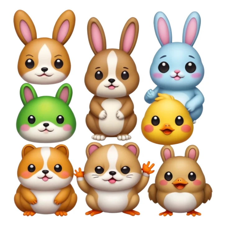 Cute funny animal stickers: chubby dog, grumpy cat, silly bunny, peace-sign frog, chick with drumstick. Colorful cartoon, big heads, kawaii faces, white outline, transparent background. sticker