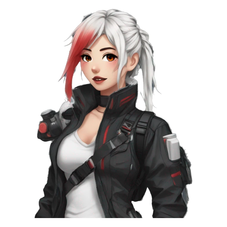 Gorgeous techwear anime style lady with blushing face aesthetic and pretty edgy black red white punk messy hair with collar and harness trending style sticker
