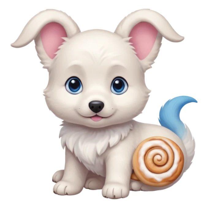 a shy but friendly white puppy with long ears that let him fly, blue eyes, pink cheeks, and a tail shaped like a cinnamon roll sticker