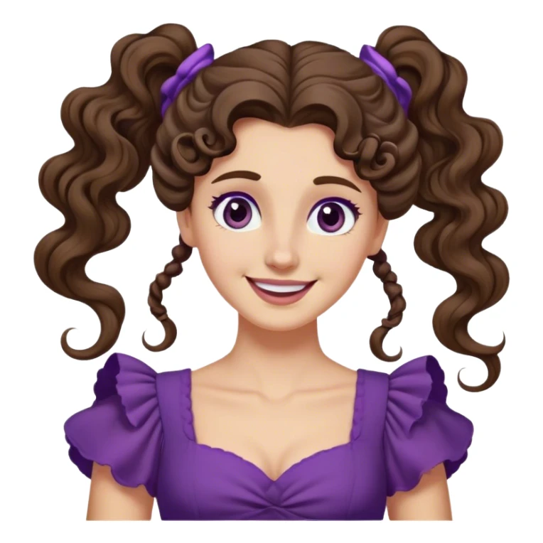 Femme aux cheveux longs et bruns, attachés en une queue-de-cheval haute et bouclée. Une mèche retombe sur son front. Elle porte une robe violette de style antique et a un sourire espiègle. sticker