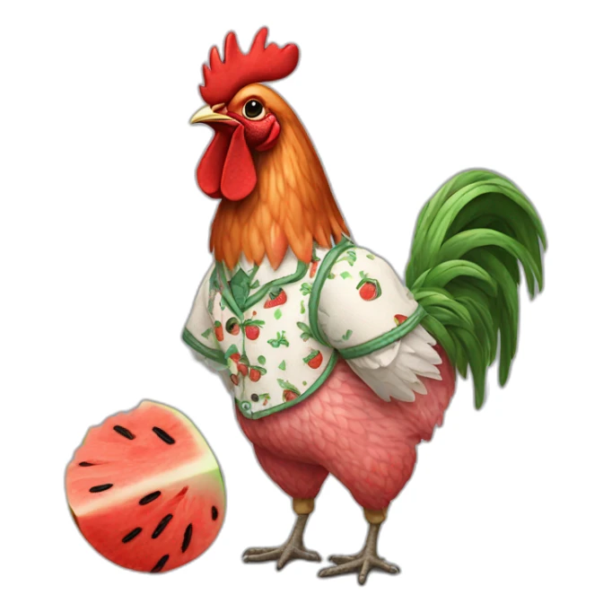 A COCKEREL IN AN EMBROIDERED SHIRT WITH A WATERMELON IN HIS HANDS sticker