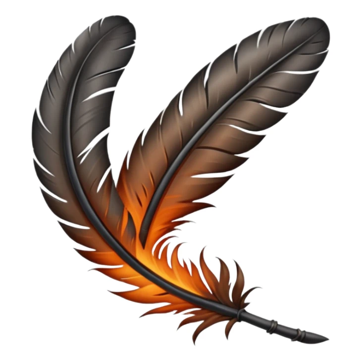 iOS emoji, dark fantasy feather, burned edges, ember glow, soft shadow, minimal sticker