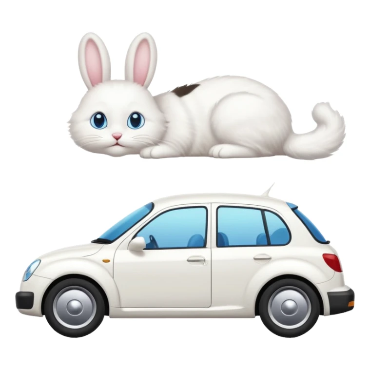 Please create a small emoji the size of 🚗 featuring a pure white cat with bunny tail with blue eyes on a white saloon car viewed from side. Again it is necessary that the emoji must be extremely small, much smaller than a standard sized sticker. sticker