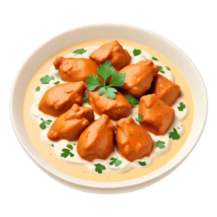 Butter Chicken Cinematic Realistic Butter Chicken Dish Emoji, depicted as tender chicken pieces sliced up and bathed in a creamy white sauce garnished with fresh cilantro, rendered with rich textures and vibrant, appetizing lighting. sticker