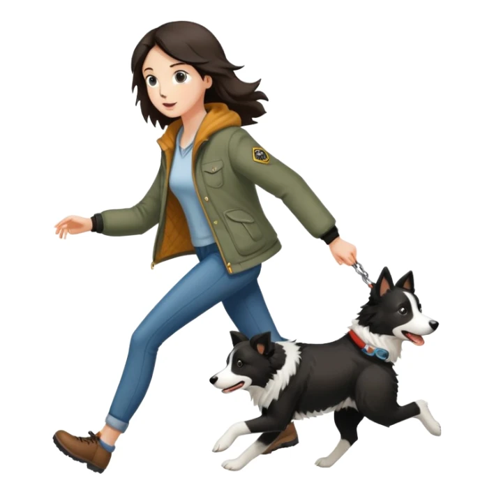 A beautiful tall girl with fair skin wearing a jacket chasing a Border Collie sticker