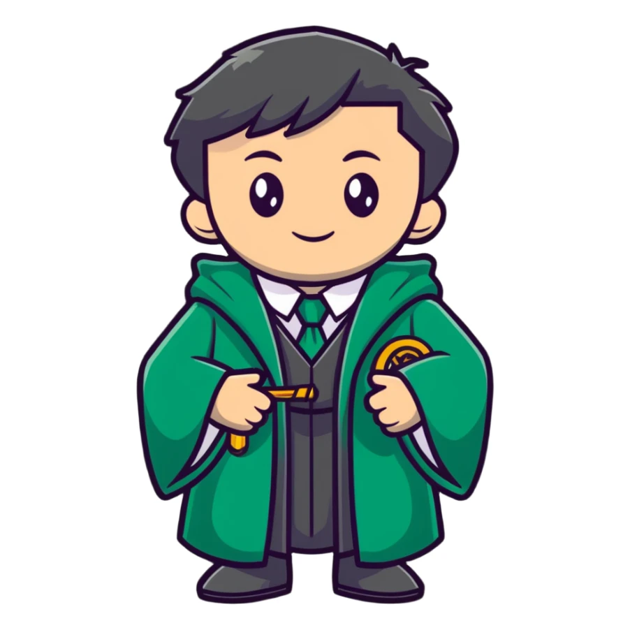 Young wizard in Slytherin uniform with green tie and robe sticker