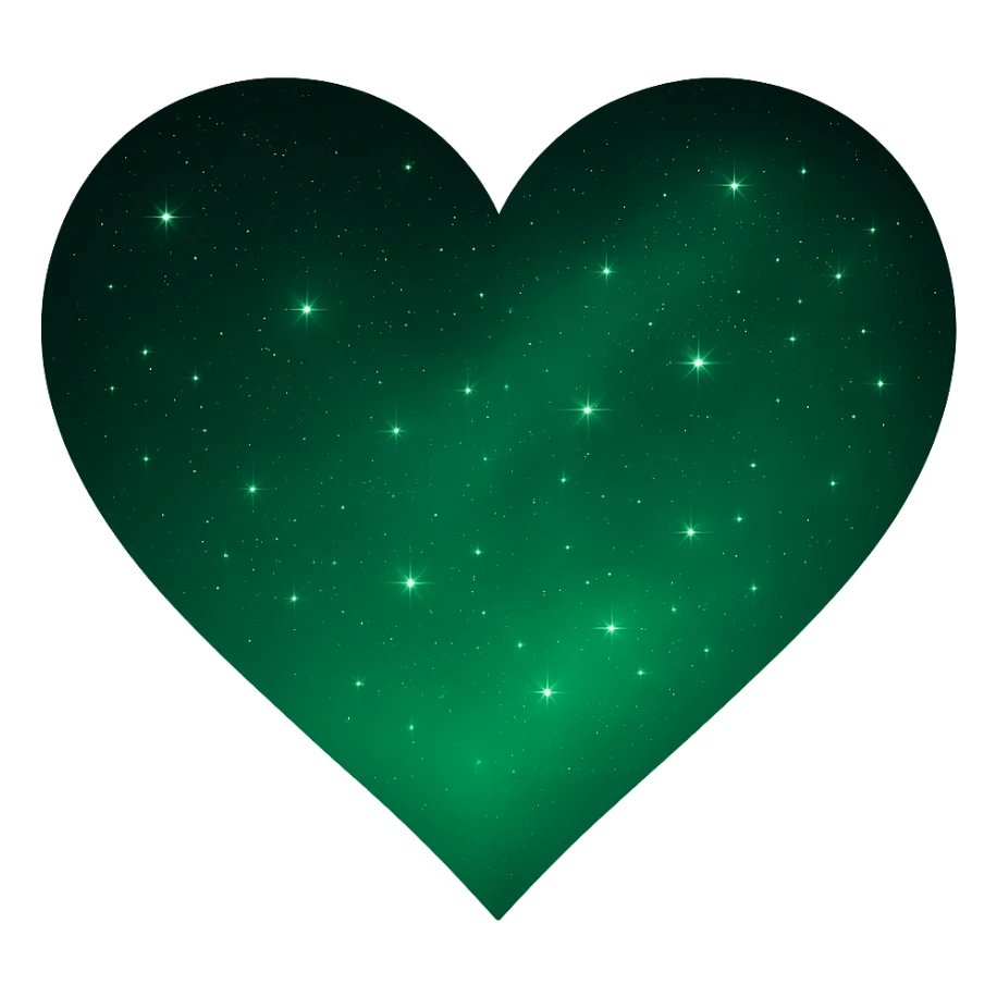 Modify the heart with a night sky gradient to a green night theme with a green gradient, more stars, and a soft glow. Remove the background entirely  sticker
