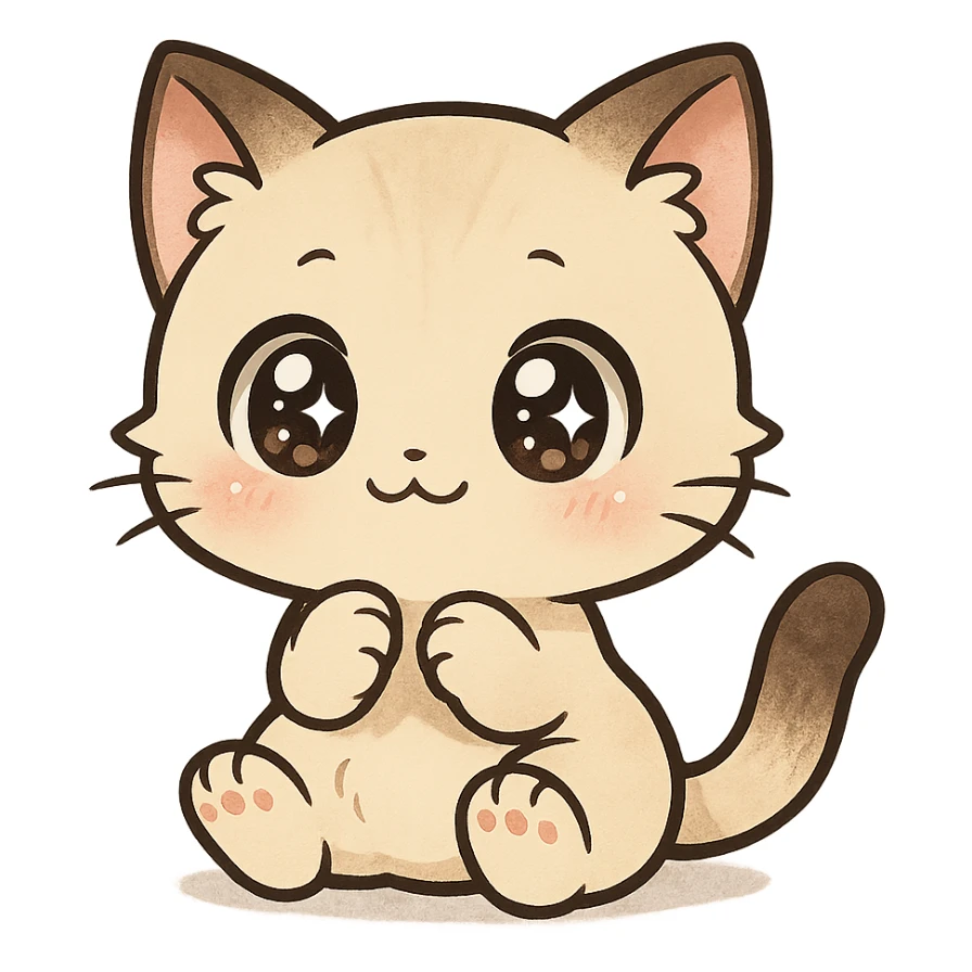 chibi-style anime cat, tiny paws, sparkling eyes, kawaii look sticker