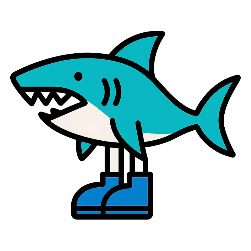 a visually striking shark wearing blue shoes, clean lines, modern design, bold colors sticker