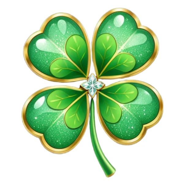 stylized, golden edged light green four leaf clover shamrock covered in glittering diamond dust sticker
